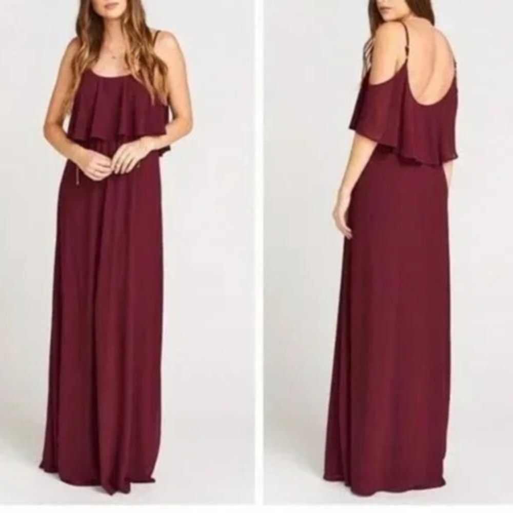 NWT SHOW ME YOUR MUMU Chiffon WEDDINGS/PARTY Maroon CAITLIN RUFFLE MAXI DRESS  L